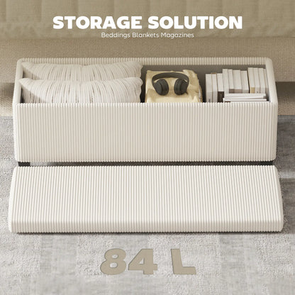 HOMCOM Storage Ottoman Bench, Corduroy Storage Chest Box with Wooden Legs, Bed End Bench, Beige