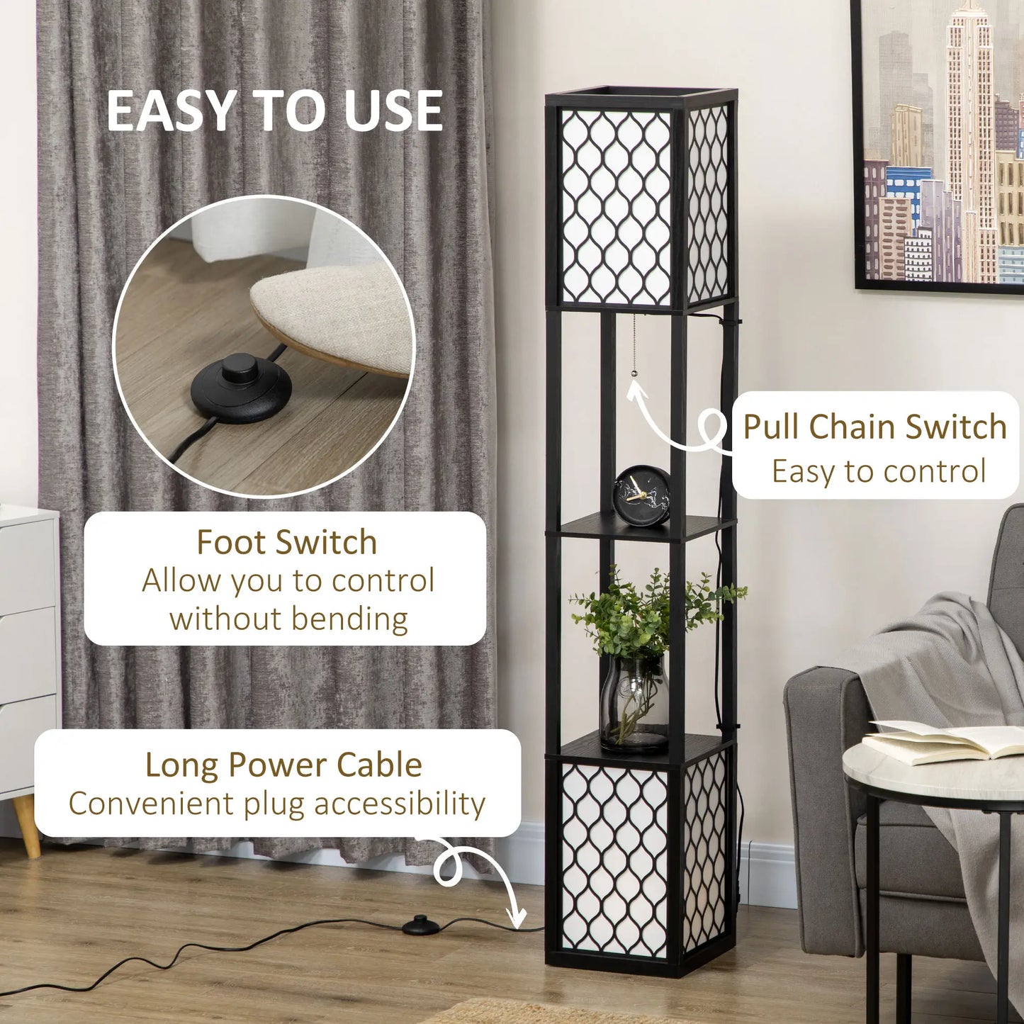 HOMCOM Floor Lamp with Shelves, Modern Tall Standing Lamp with Fabric Lampshade and Dual Light, Black