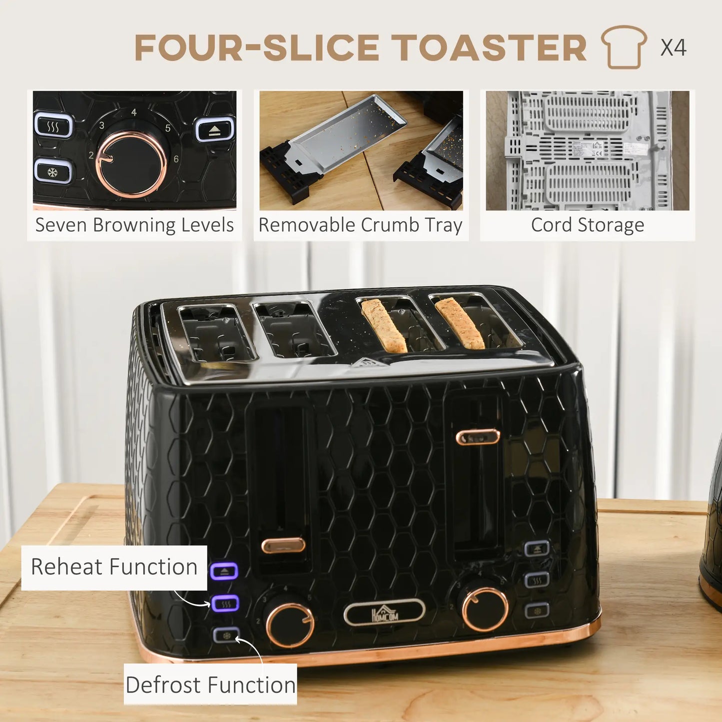 HOMCOM 1.7L 3000W Fast Boil Kettle and 4 Slice Toaster Set with 7 Browning Controls, Crumb Tray, Black