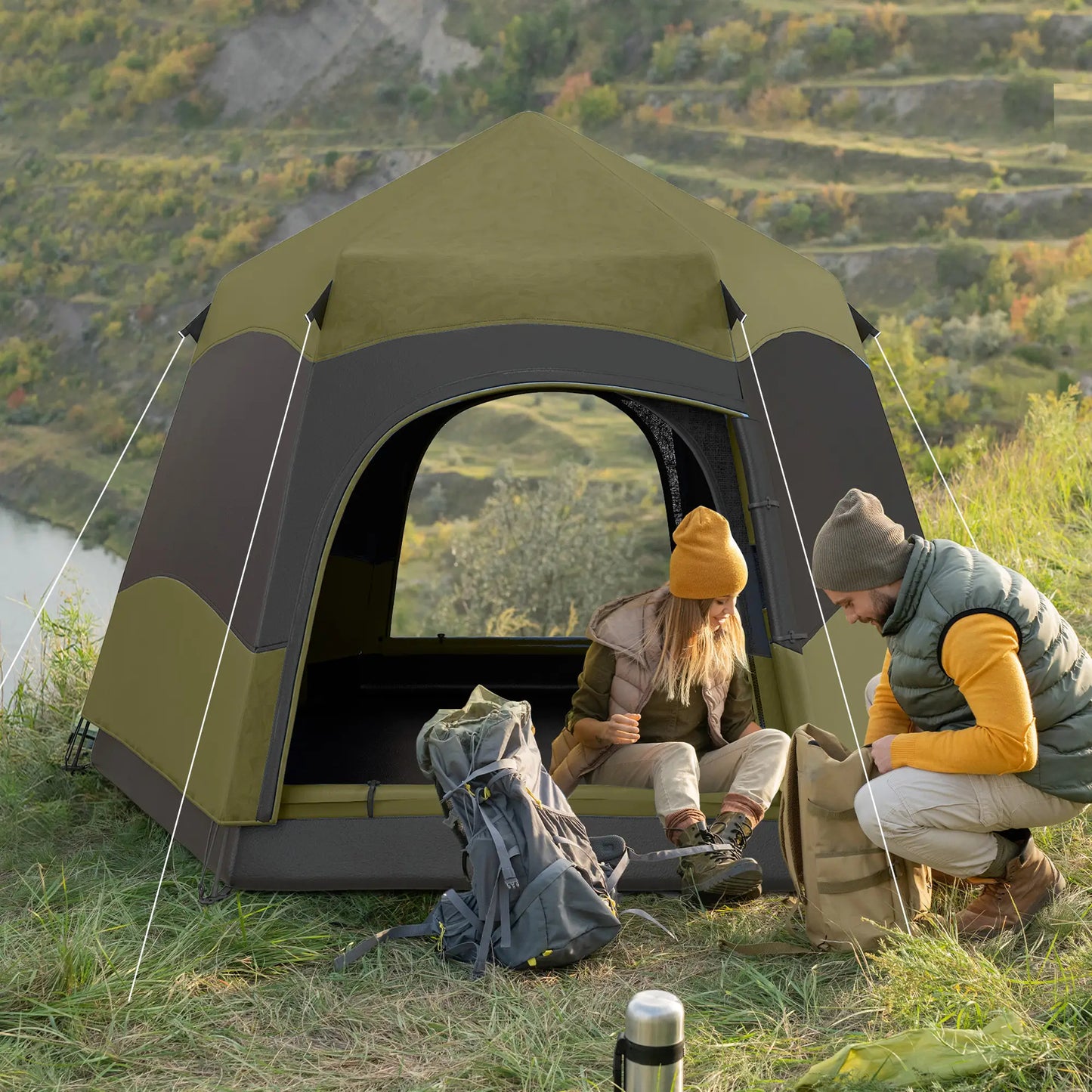 Outsunny Six Man Hexagon Camping Tent with Hang Hook & Carry Bag - Dark Green, Light Grey