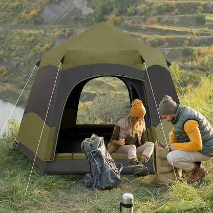 Outsunny Six Man Hexagon Camping Tent with Hang Hook & Carry Bag - Dark Green, Light Grey