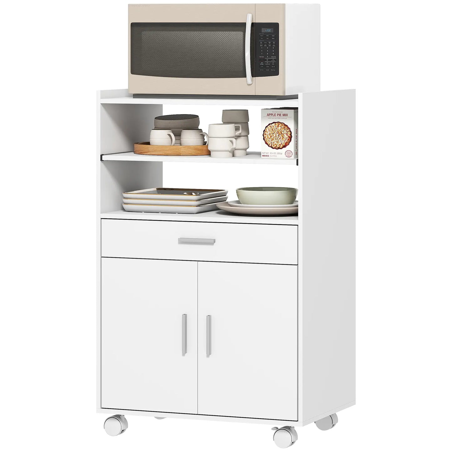 HOMCOM Kitchen Trolley with Wheels, Modern Mobile Microwave Stand with Slide-Out Shelf, Drawer & 2 Doors