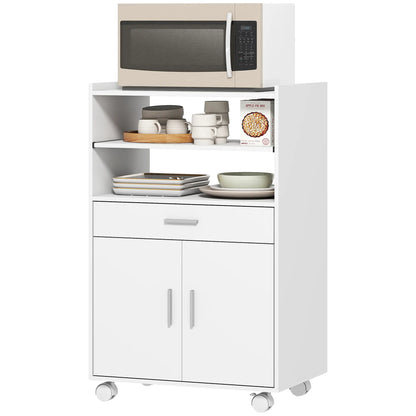 HOMCOM Kitchen Trolley with Wheels, Modern Mobile Microwave Stand with Slide-Out Shelf, Drawer & 2 Doors