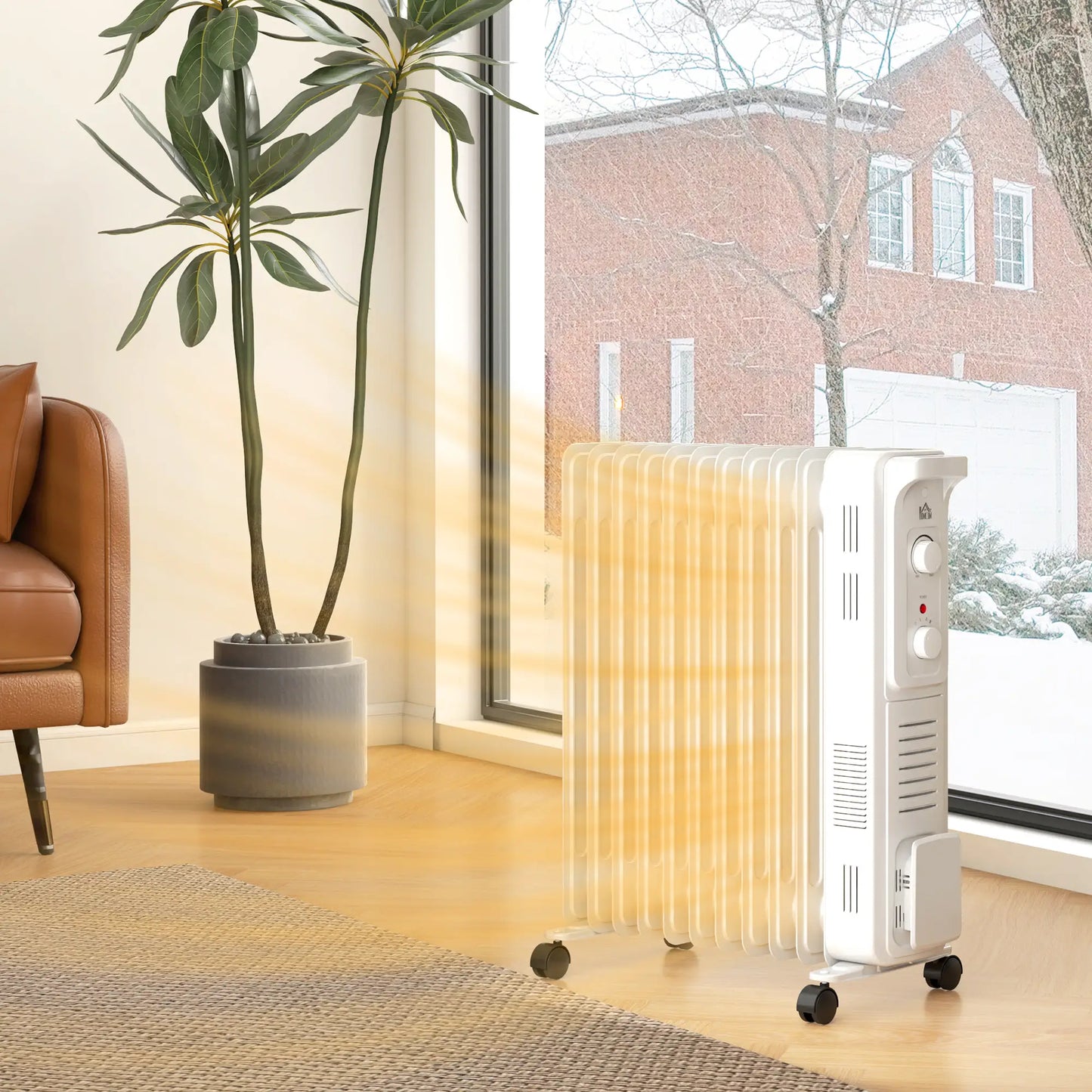 HOMCOM 2.5kW 11 Fin Oil-Filled Radiator, Portable Tower Heater, Auto Shut-Off - White