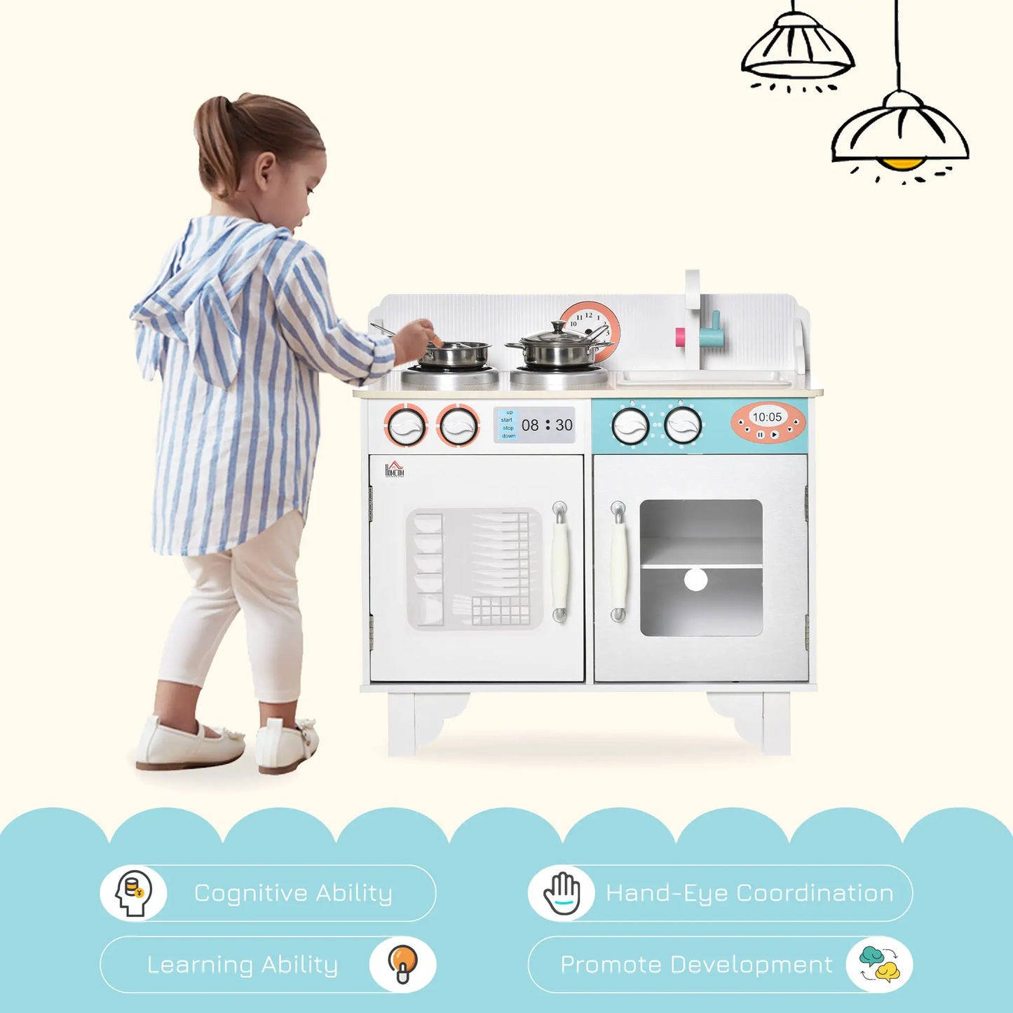 HOMCOM Kids Wooden Play Kitchen Toy Cooking Set Pretend Role Playset, Cooking Bench, Stainless Steel Pot for 3-6 Years