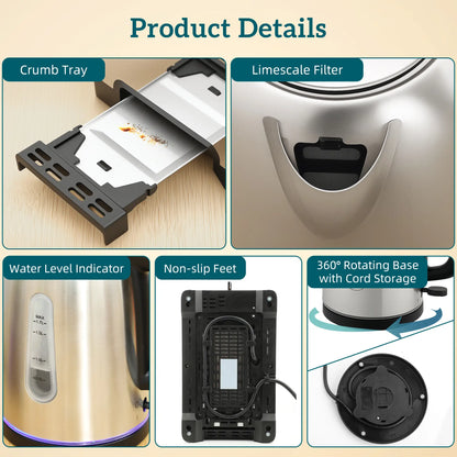 HOMCOM Kitchen Simple Polished Toaster and Kettle Set - Silver Tone