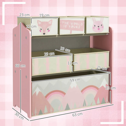 ZONEKIZ Kids Storage Unit, Toy Storage Organiser, with Six Fabric Bins for Bedrooms, Playrooms - Pink