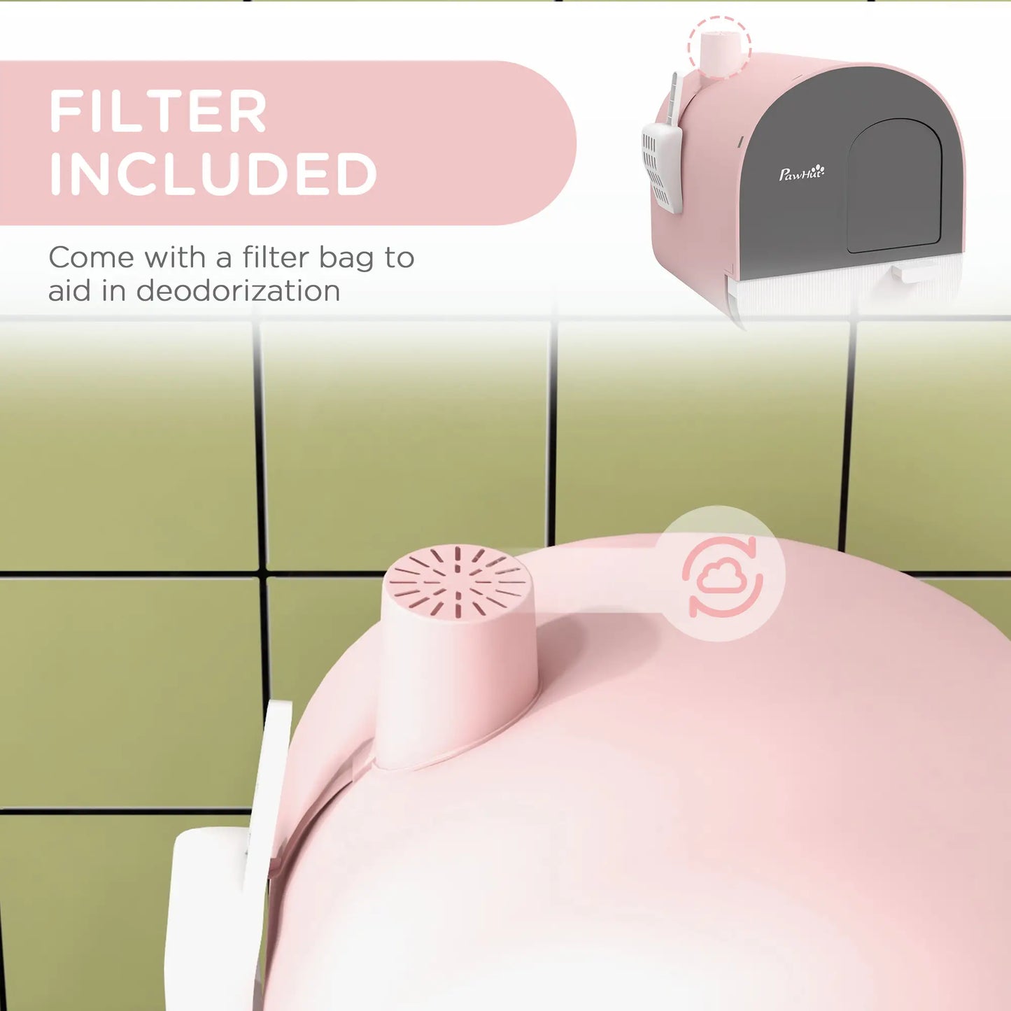 PawHut Hooded Cat Litter Box, Kitten Litter Tray with Lid, Scoop, Filter, Flap Door, Pink
