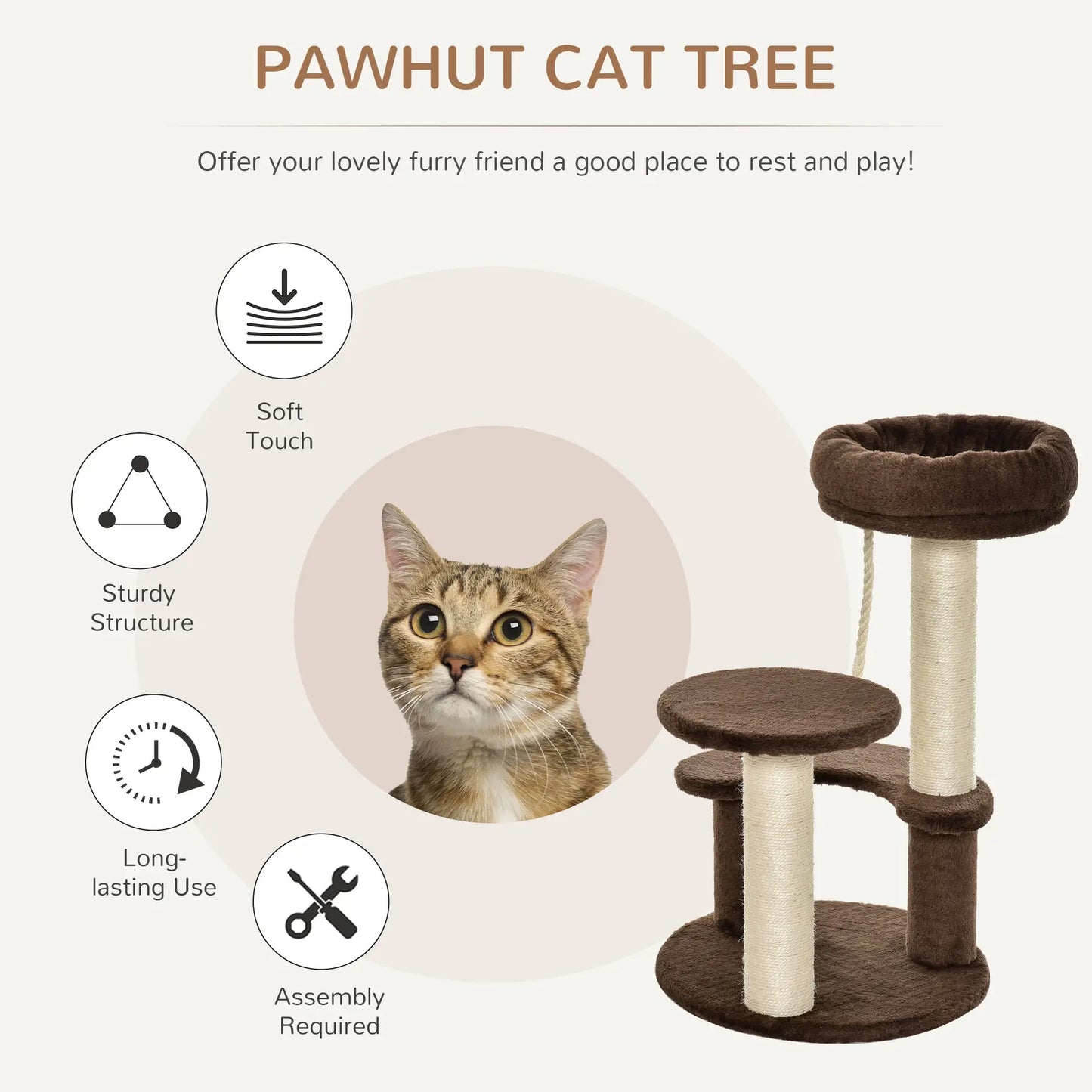 PawHut 65cm Cat Tree, Cat Tower for Kittens, Small Cat Condo with Sisal Scratching Posts, Hanging Rope - Brown