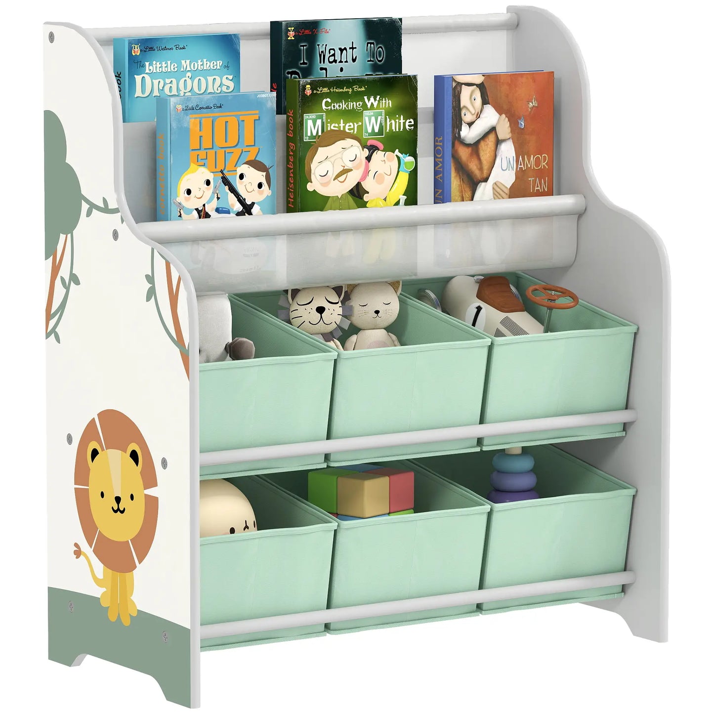 AIYAPLAY Kids Storage Unit, Toy Organiser with 6 Fabric Drawers & 2-Tier Book Rack for Bedroom, Playroom, Green