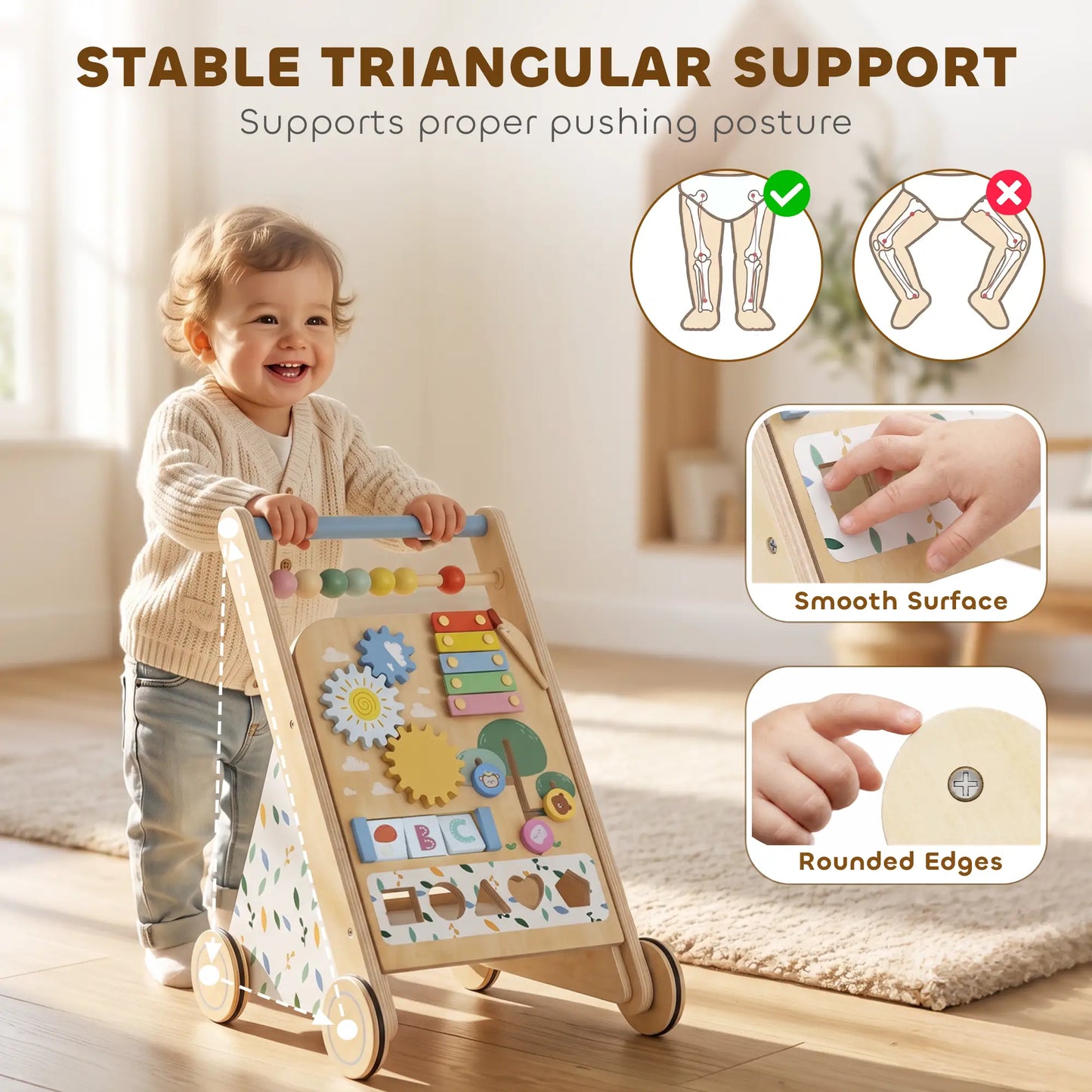 AIYAPLAY Wooden Baby Walker, Toddler Push Along Walker with Speed Control, Activity Centre for 18 Months+