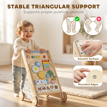 AIYAPLAY Wooden Baby Walker, Toddler Push Along Walker with Speed Control, Activity Centre for 18 Months+