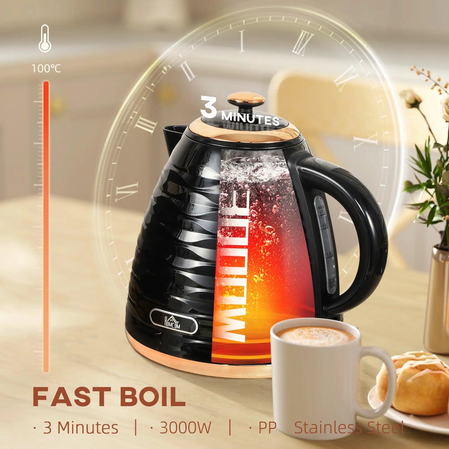 HOMCOM 3kW Rapid Boil Honeycomb Kettle Removable and Washable Filter, 1.7 L - Black