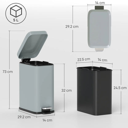 Rectangular Compact Bin Tidy Steel Body Removable Bucket w/ Pedal Lid 5L