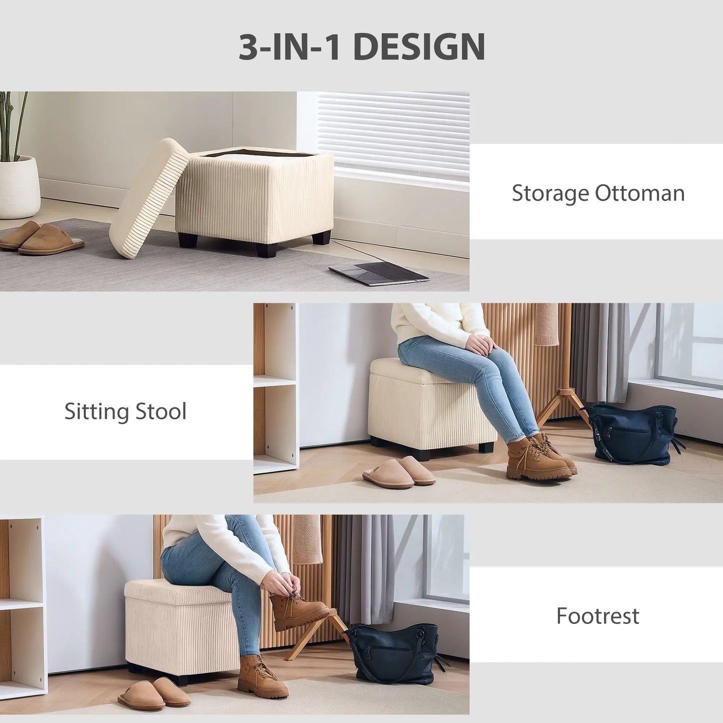 HOMCOM Storage Ottoman Bed End Bench, Corduroy Storage Chest Box with Wooden Legs, Beige