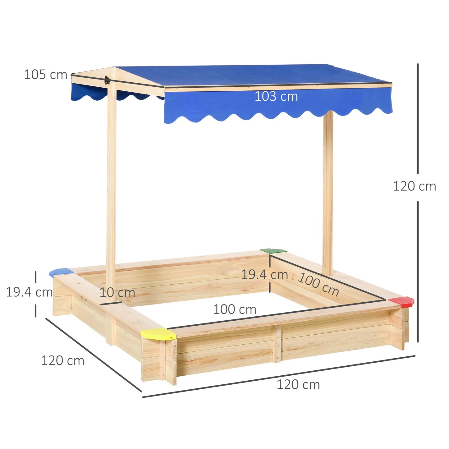 Outsunny Kids Wooden Sand Pit Children Square Sandbox Outdoor Playset Play Station Adjustable Canopy Bench Seat