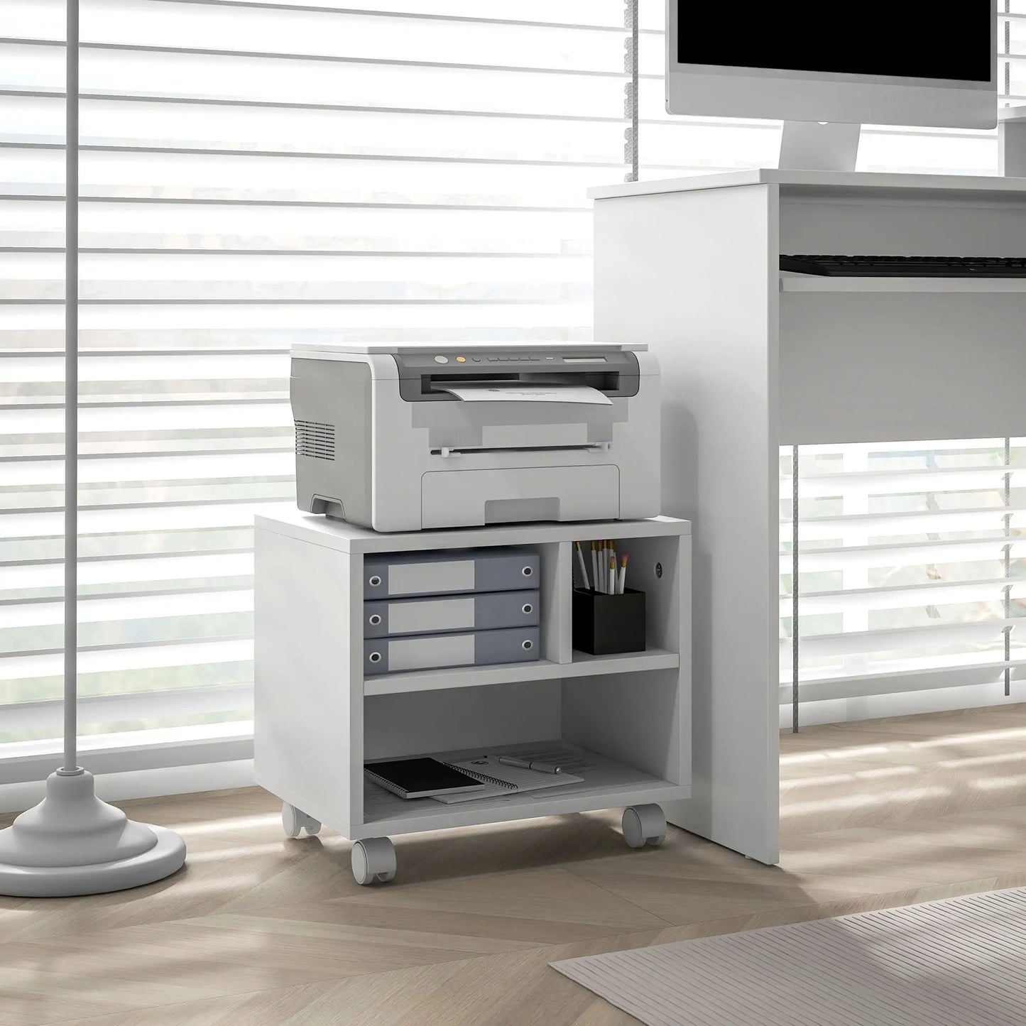 HOMCOM Three-Compartment Office Storage Printer Cabinet with Wheels - White