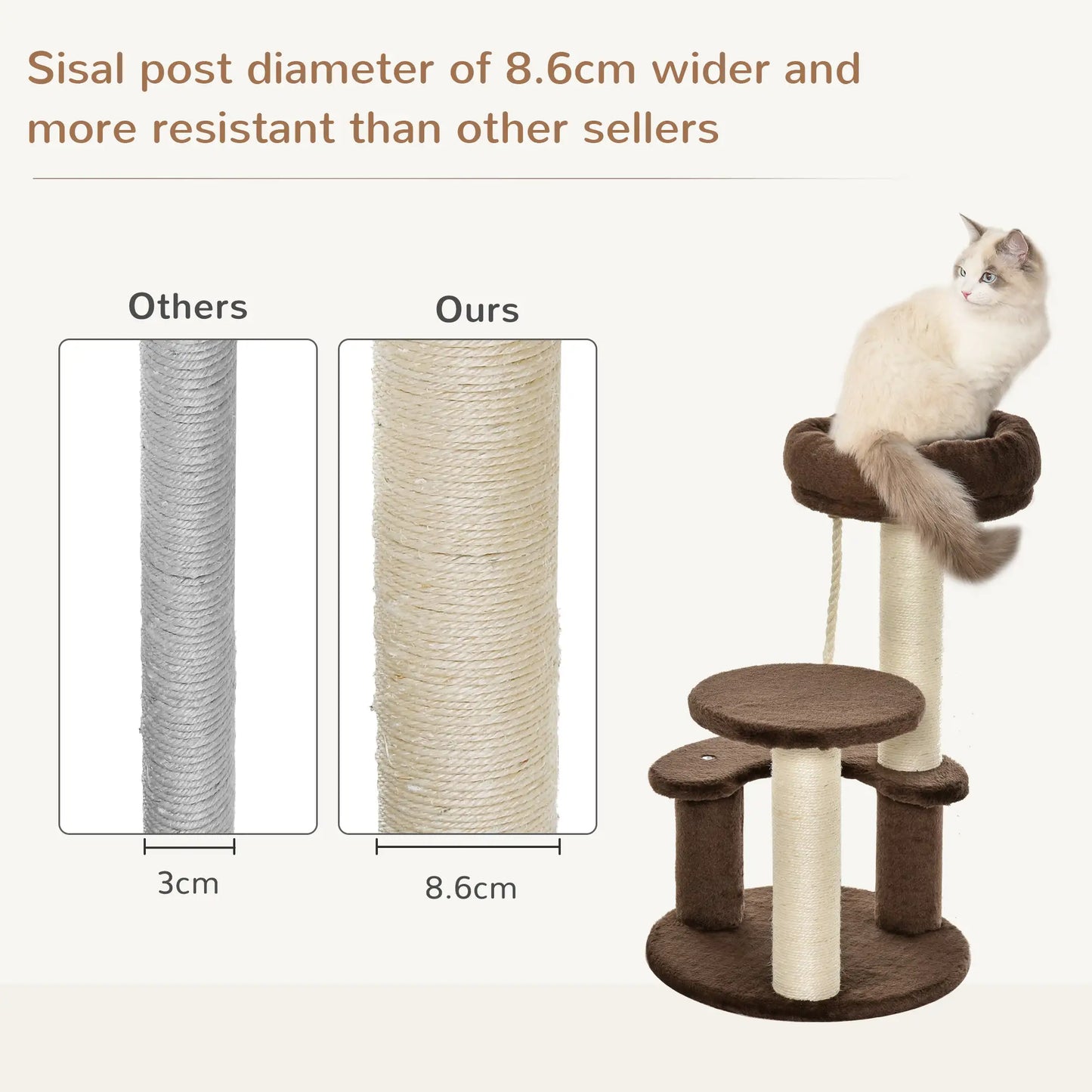 PawHut 65cm Cat Tree, Cat Tower for Kittens, Small Cat Condo with Sisal Scratching Posts, Hanging Rope - Brown