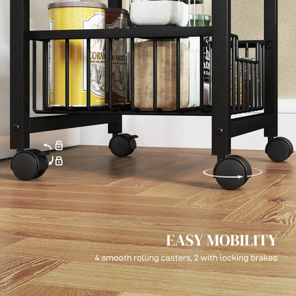 HOMCOM Movable Storage Trolley, Four Basket Mobile Kitchen Dining Island, with Brakes - Grey/Black