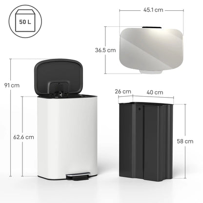 HOMCOM 50L Kitchen Bin with Soft-Close Lid, Stainless Steel Pedal Bin with Removable Inner Bucket, Carry Handle, Cream