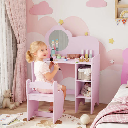 AIYAPLAY Kids Dressing Table with Mirror, Stool, Kids Vanity Table with Shelves for Ages 3-8 Years, Pink