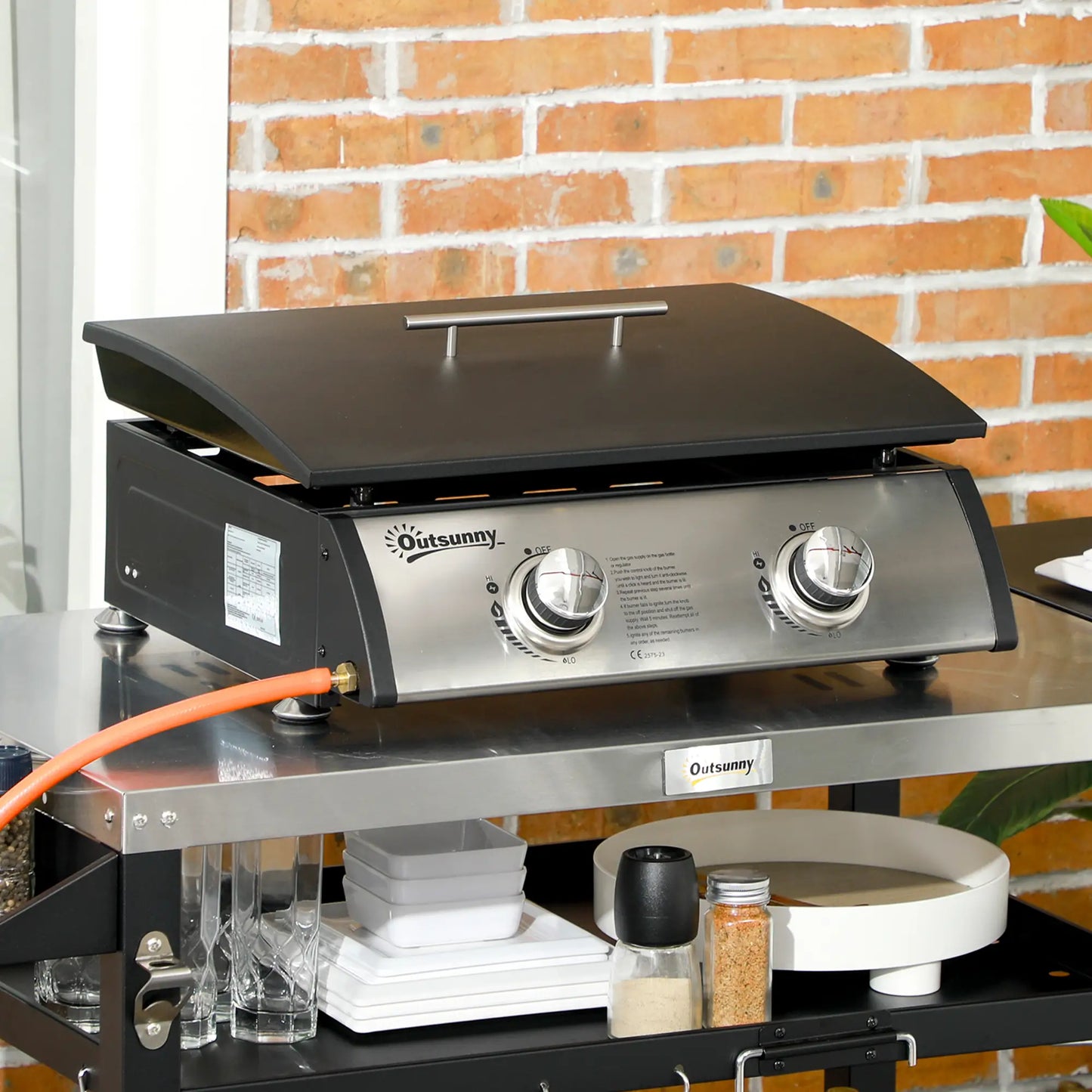 Outsunny Portable Tabletop Gas Barbecue Plancha Grill w/ 2 Burner, Non-Stick Griddle for BBQ Camping Picnic Party