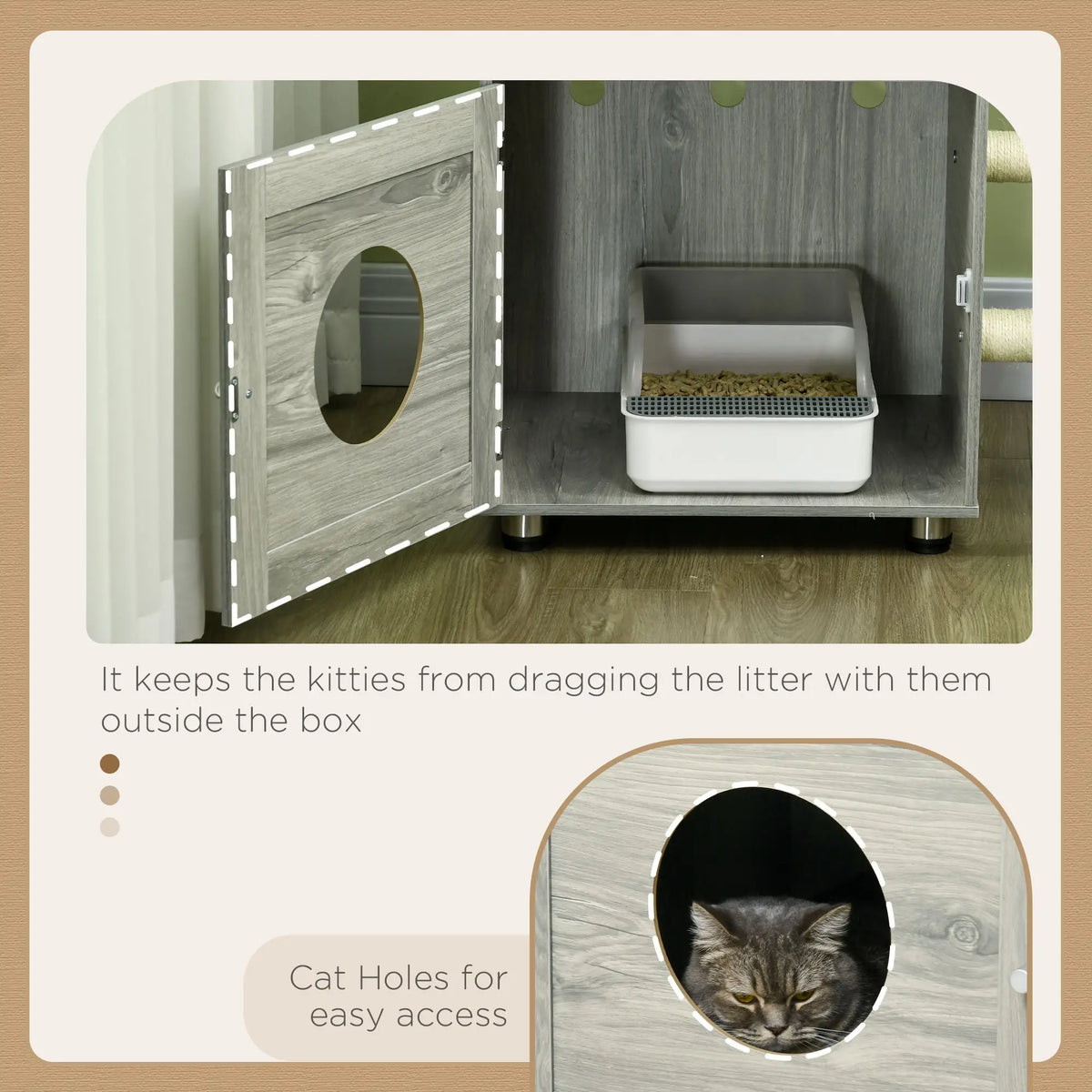 PawHut Enclosed Cat Litter Box with Cat House, Cat Bed, Scratching Posts for Indoor Cats - Grey