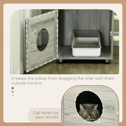 PawHut Enclosed Cat Litter Box with Cat House, Cat Bed, Scratching Posts for Indoor Cats - Grey