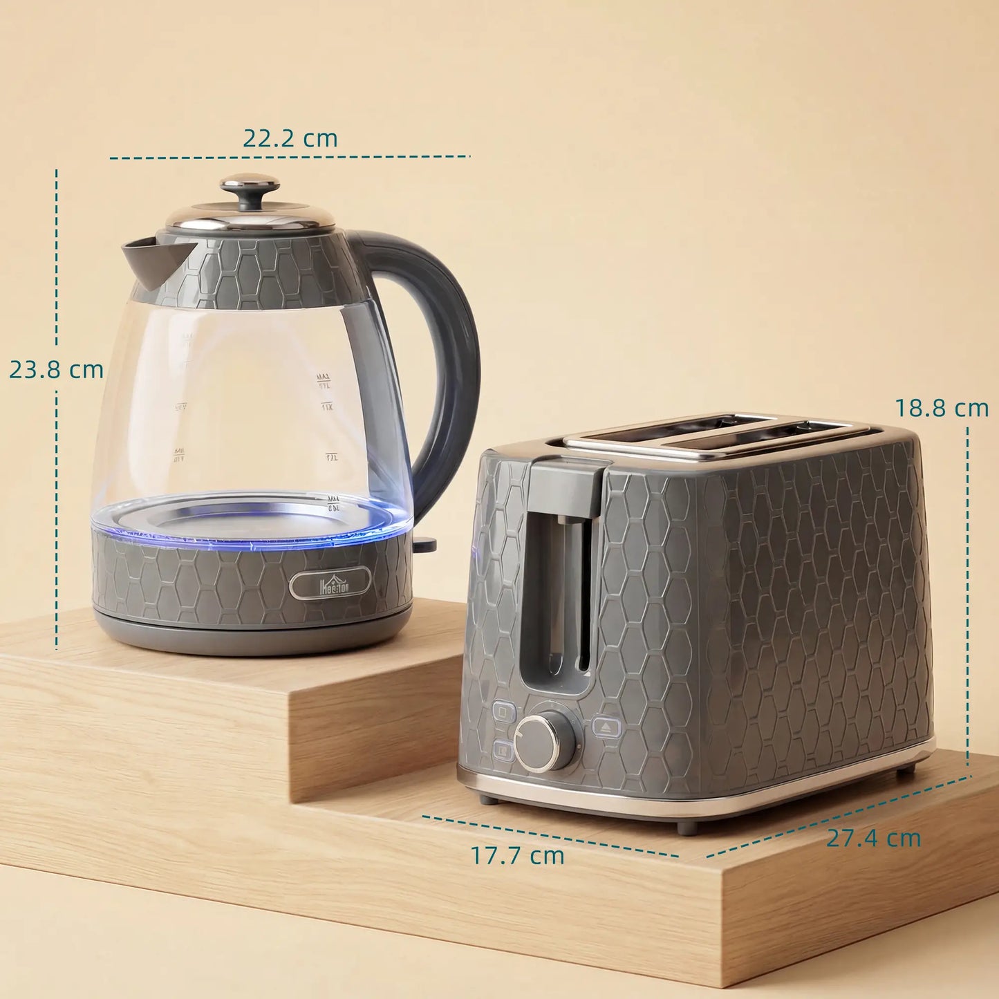 HOMCOM Kettle & Toaster Set, 1.7L 3000W Rapid Kettle, 2 Slice Toaster with 7 Browning Controls, Grey