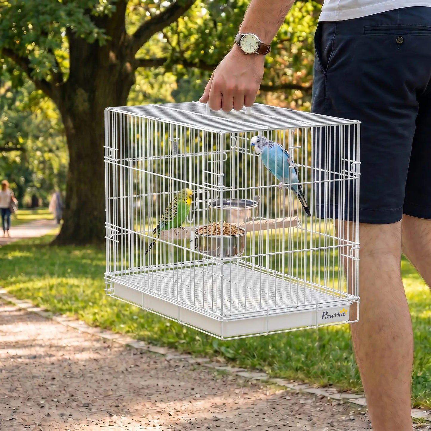 PawHut Bird Cage Foldable Portable Budgie Cage with Wooden Perch 2 Bowls for Travel, White