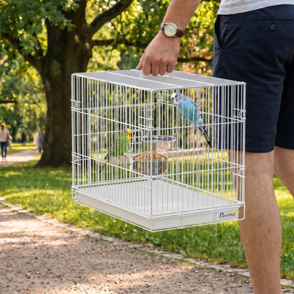 PawHut Bird Cage Foldable Portable Budgie Cage with Wooden Perch 2 Bowls for Travel, White
