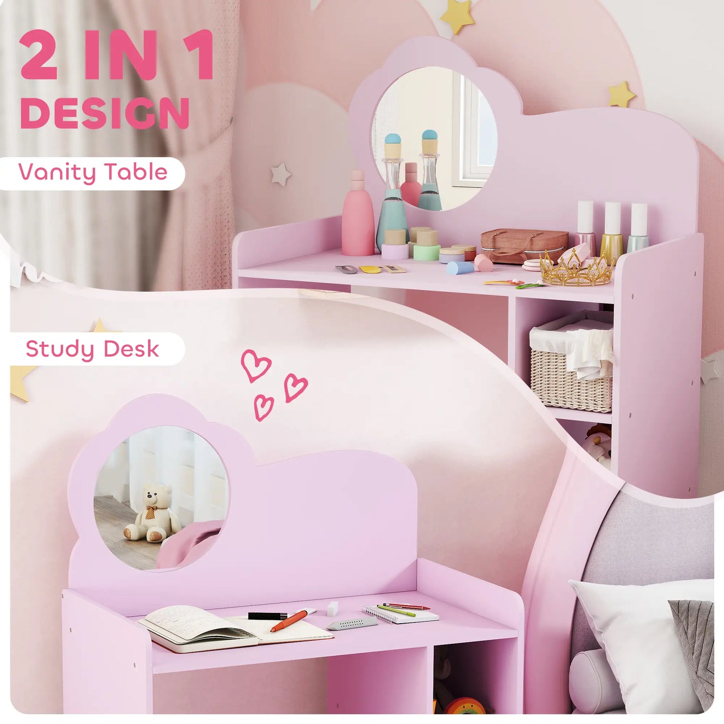 AIYAPLAY Kids Dressing Table with Mirror, Stool, Kids Vanity Table with Shelves for Ages 3-8 Years, Pink