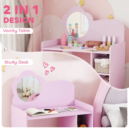 AIYAPLAY Kids Dressing Table with Mirror, Stool, Kids Vanity Table with Shelves for Ages 3-8 Years, Pink