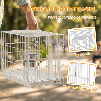 PawHut Bird Cage Foldable Portable Budgie Cage with Wooden Perch 2 Bowls for Travel, White