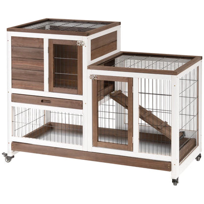 PawHut Two-Tier Rabbit Hutch Pet Cage, with Wheels, Fir Wood Structure - Brown