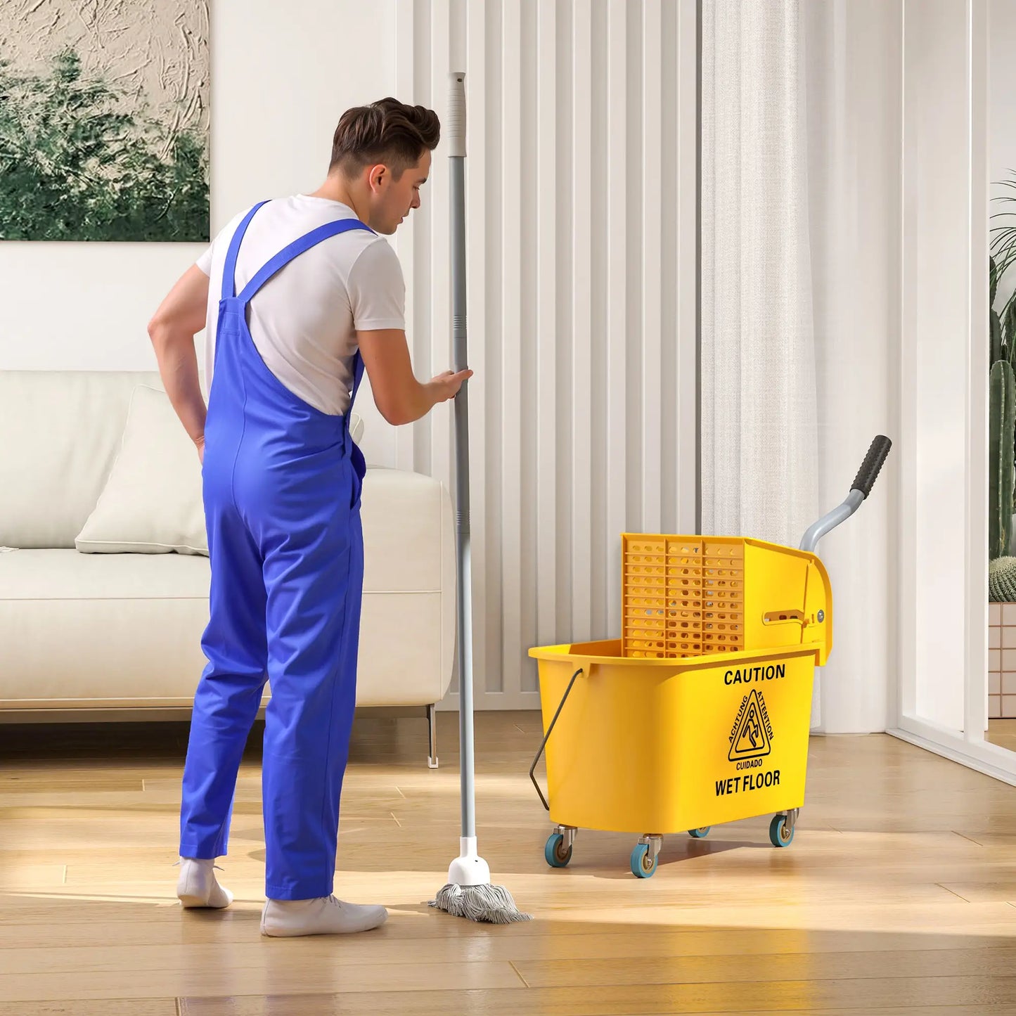 HOMCOM Mop Bucket with Wringer Set on Wheels for Floor Cleaning, 20 Litre Side Press Wringer with Handle, Yellow