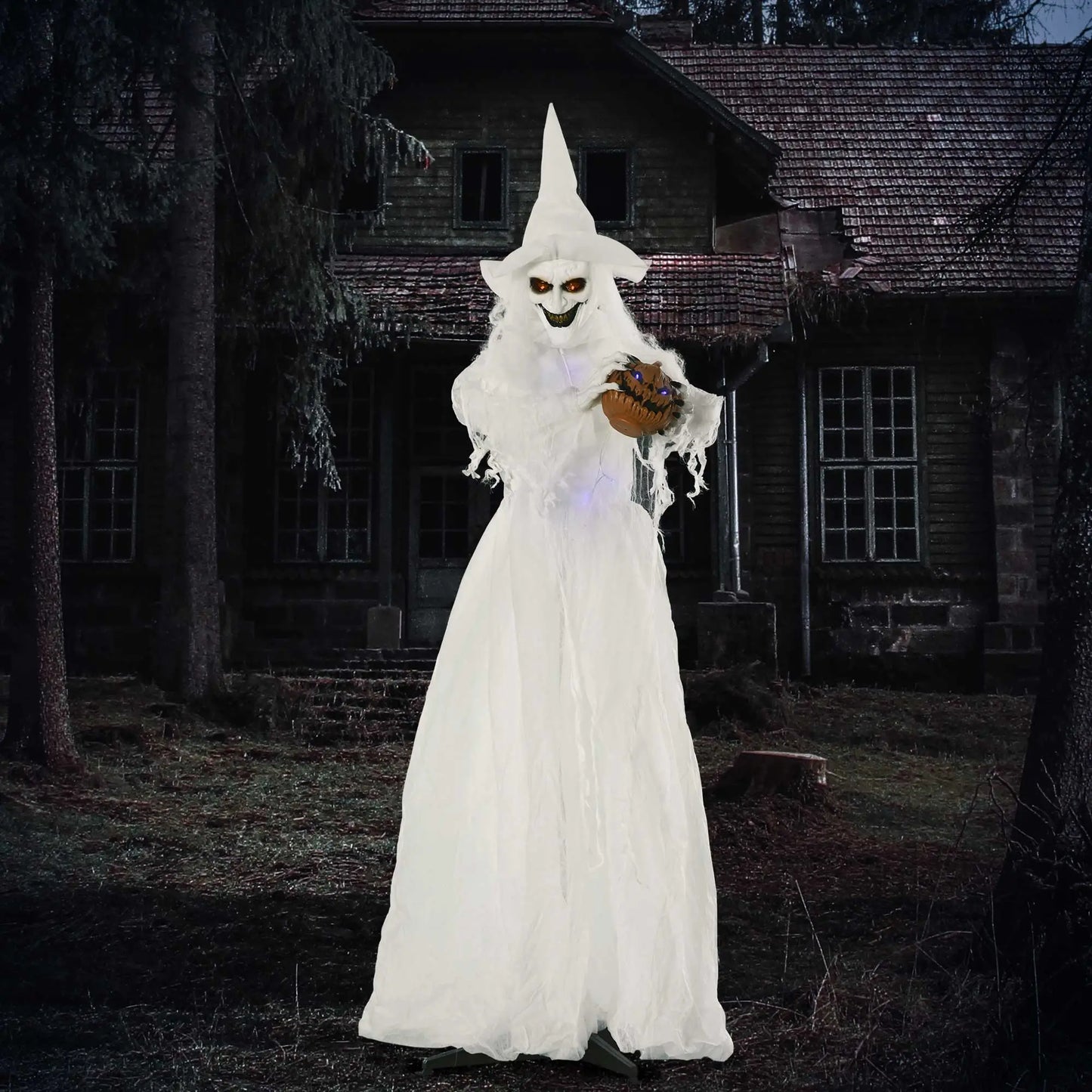 Outsunny Halloween Decorations White Witch Holding Pumpkin Head, Ghost Prop with Light Up Eyes & Body