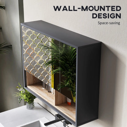 HOMCOM Bathroom Mirror Cabinet, Wall Mounted Cabinet with Mirror, 3 Doors & Cupboards, Grey