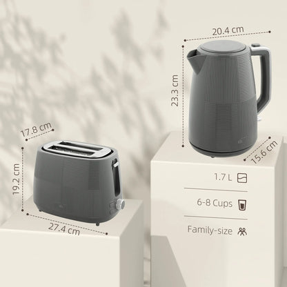 HOMCOM Fast Boil Kettle and 2 Slice Toaster Kitchen Set, 1.7L 3000W with 7 Level Browning Controls, Grey