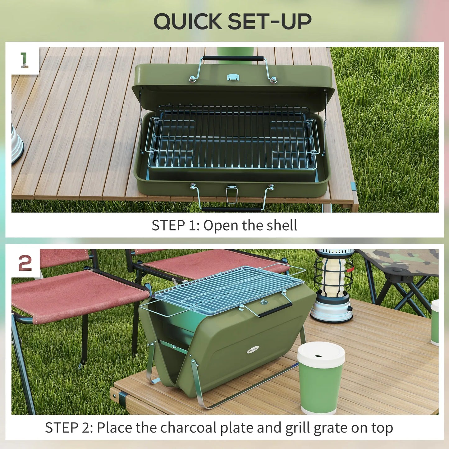 Outsunny Metal Charcoal Barbecue Grill Portable Foldable BBQ Grill - Green