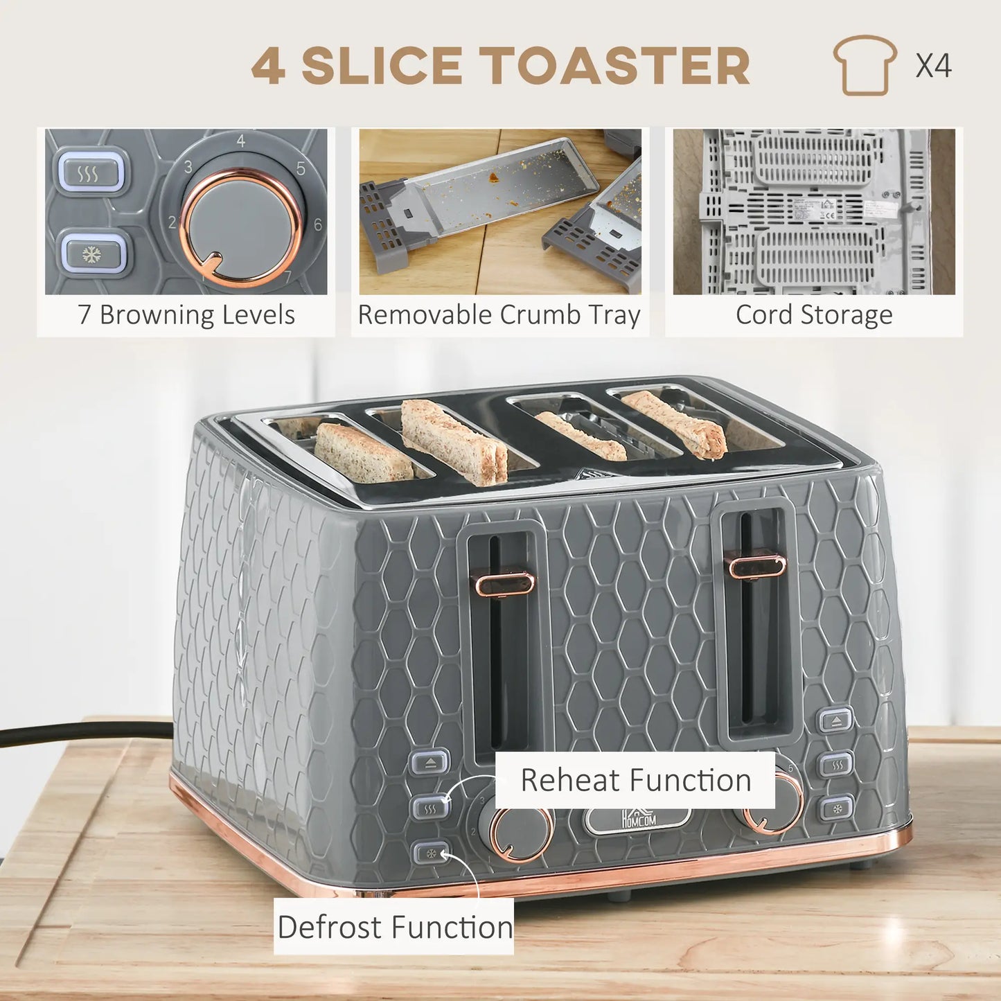 HOMCOM 1.7L 3000W Fast Boil Kettle & 4 Slice Toaster Kitchen Set with 7 Browning Controls, Crumb Tray, Grey
