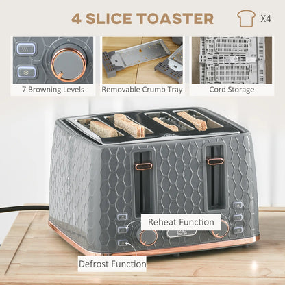 HOMCOM 1.7L 3000W Fast Boil Kettle & 4 Slice Toaster Kitchen Set with 7 Browning Controls, Crumb Tray, Grey