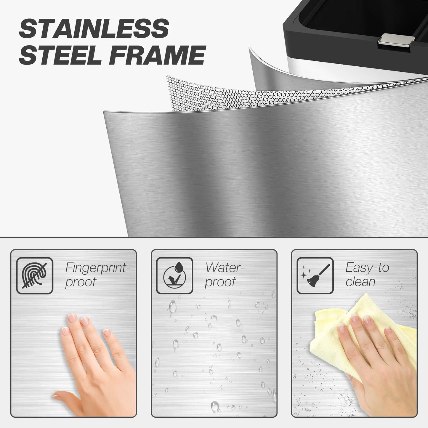 HOMCOM 56L Triple Compartment Stainless Steel Kitchen Bin with Deodoriser Holders & Wheels - Silver Tone