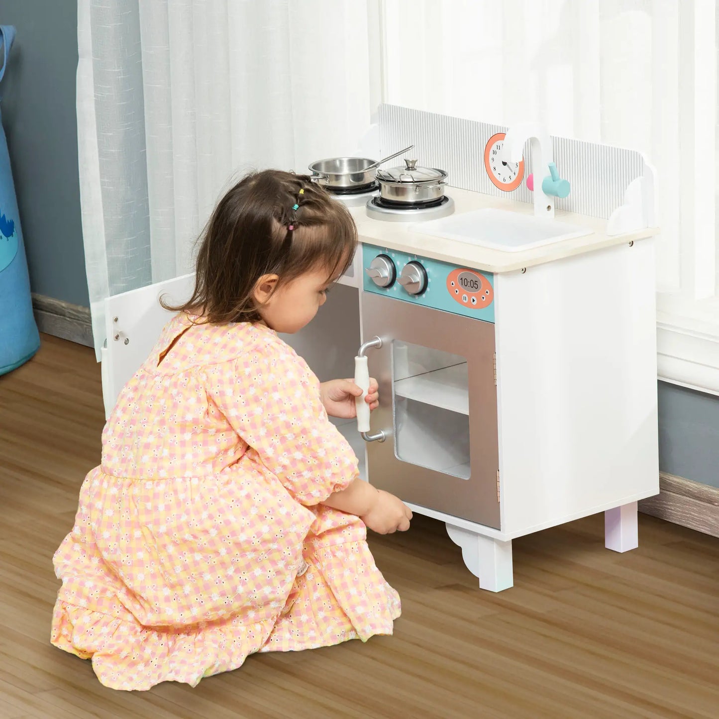 HOMCOM Kids Wooden Play Kitchen Toy Cooking Set Pretend Role Playset, Cooking Bench, Stainless Steel Pot for 3-6 Years