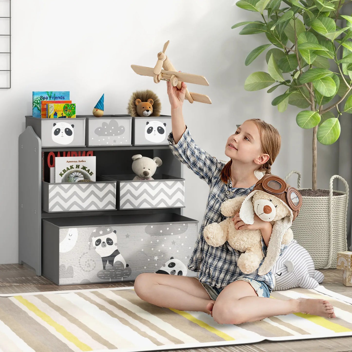ZONEKIZ Kids Storage Unit, Toy Storage Organiser with Six Fabric Bins for Bedrooms, Playrooms - Grey