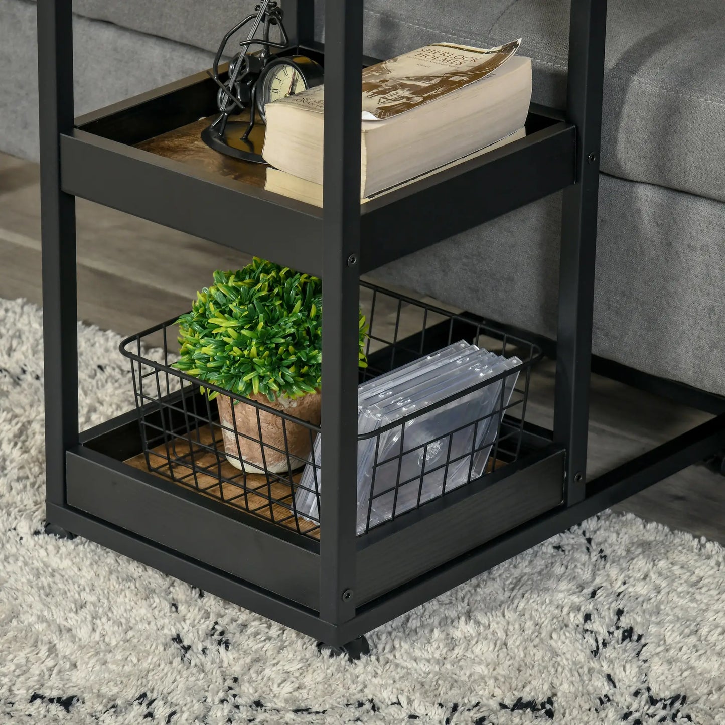 HOMCOM Industrial Mobile Sofa Side Table C-Shaped Rolling Couch Table with 3-Tier Storage Shelving Four Lockable Wheels - Brown