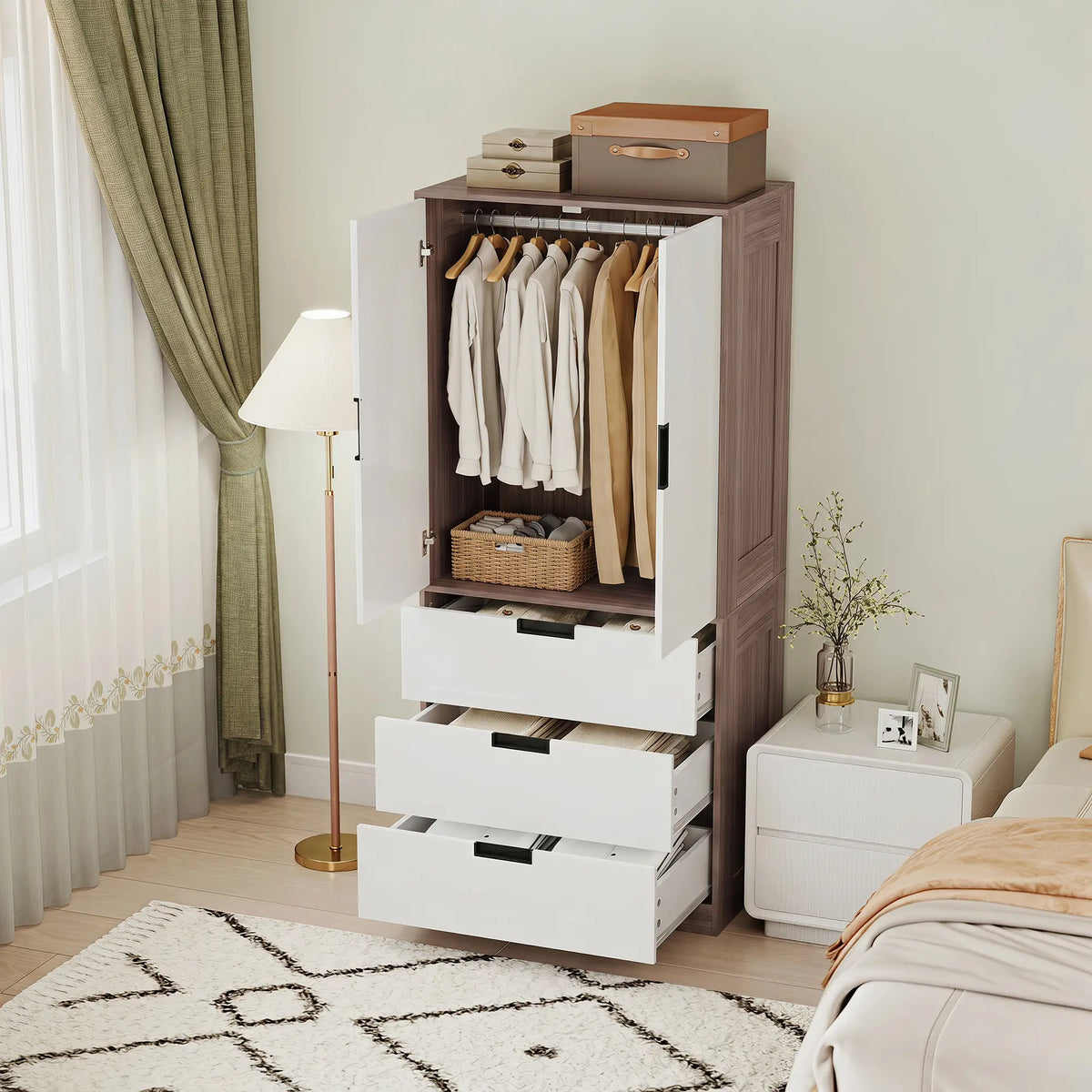 HOMCOM Modern Clothes Storage Cupboard Unit, 3 Drawer 2 Door Wardrobe with Hanging Rod, White/Brown