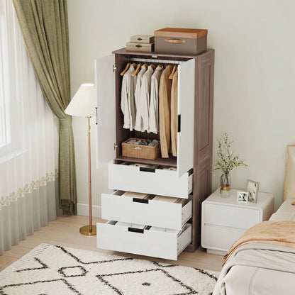 HOMCOM Modern Clothes Storage Cupboard Unit, 3 Drawer 2 Door Wardrobe with Hanging Rod, White/Brown