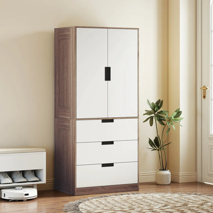 HOMCOM Modern Clothes Storage Cupboard Unit, 3 Drawer 2 Door Wardrobe with Hanging Rod, White/Brown