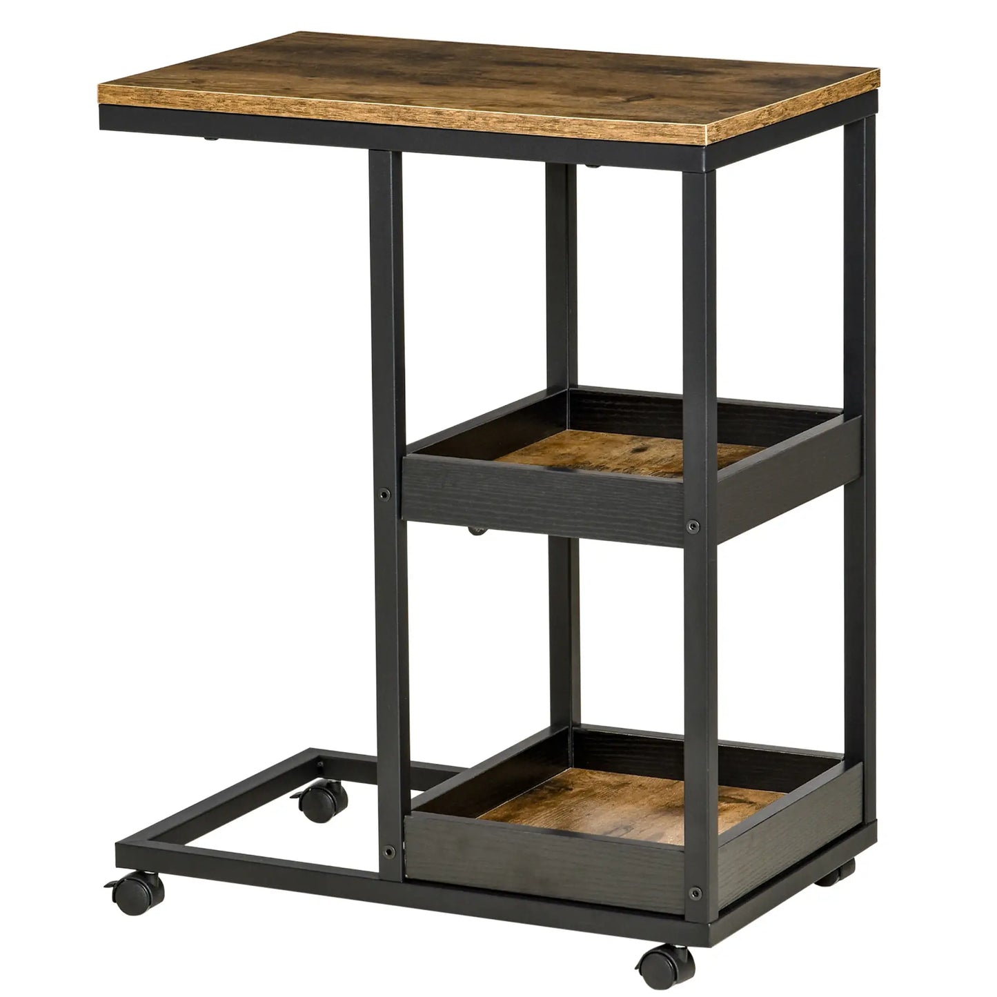 HOMCOM Industrial Mobile Sofa Side Table C-Shaped Rolling Couch Table with 3-Tier Storage Shelving Four Lockable Wheels - Brown